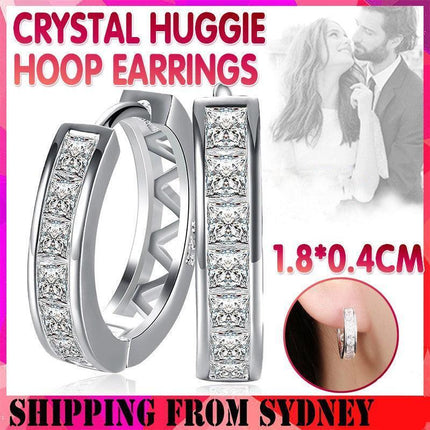 925 Sterling Silver Filled Clear Zircon Crystal Huggie Hoop Earrings - Aimall