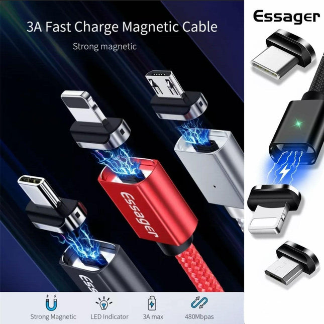 Black Essager Magnetic Fast Charging Data USB Cable for Micro Type C iPhone - Aimall