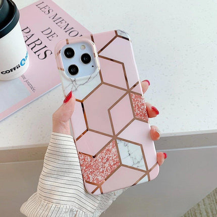 Pink Geometric Marble Case for iPhone 13 12 11 Pro Max XR XS 8 Shockproof Cover Silicone - Aimall