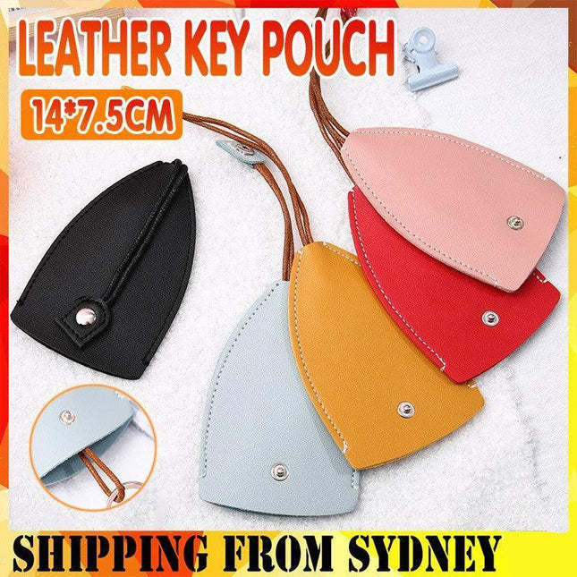 Leather Key Pouch with Pull Strap Case Holder Bag Ring Organizer House Car Keys - Aimall