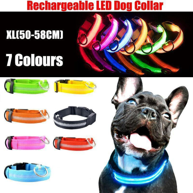 XL Size USB Rechargeable LED Dog Collar Nylon Glow Flashing Light Up Safety - Aimall