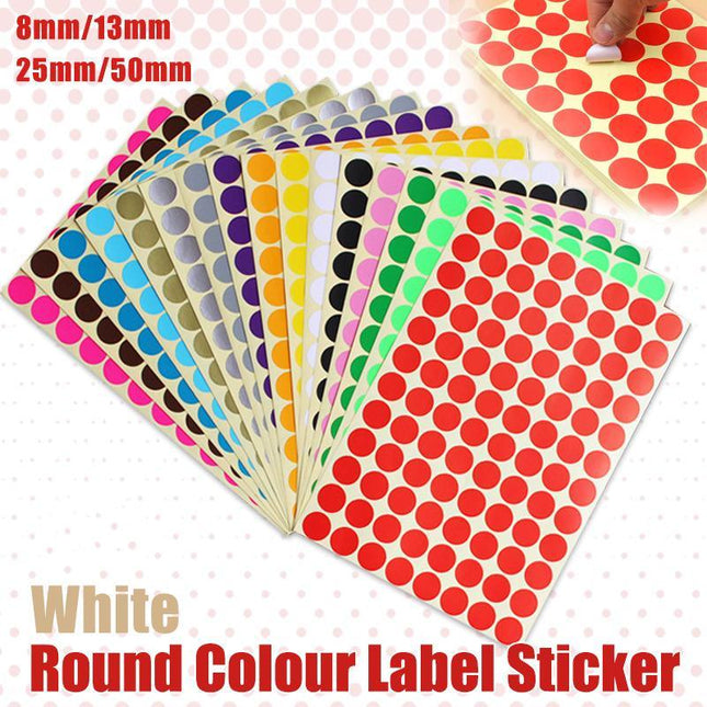 8/13/25/50mm Colour Sticker Dots Adhesive Round Labels Circular Scrapbooking White - Aimall