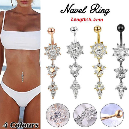Flower Crystal Surgical Steel Dangle BELLY Button Navel bars Ring Body Piercing - Aimall