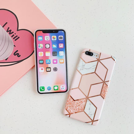 Pink Geometric Marble Case for iPhone 13 12 11 Pro Max XR XS 8 Shockproof Cover Silicone - Aimall