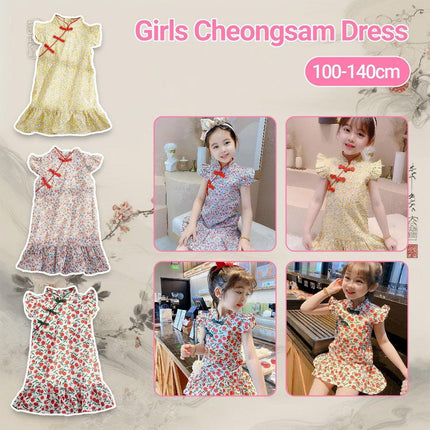 Girls Cheongsam Skirt Floral Dress Traditional Chinese Style Summer Outfit