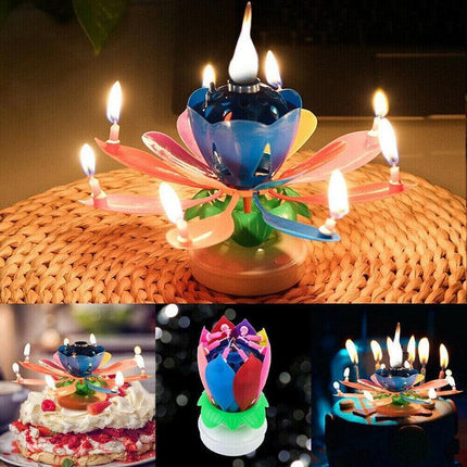 2x Blossom Lotus Birthday Cake Candle Flower Rotating Musical Party Double Deck - Aimall