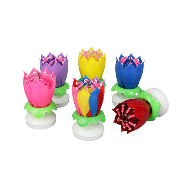 2x Blossom Lotus Birthday Cake Candle Flower Rotating Musical Party Double Deck - Aimall