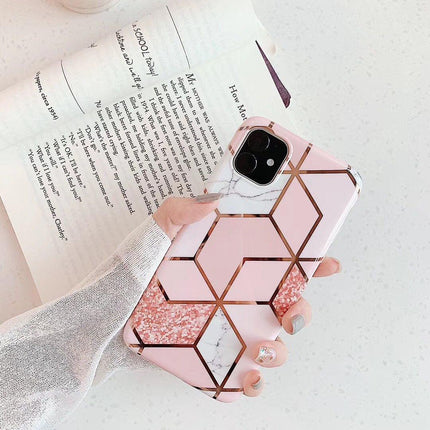 Pink Geometric Marble Case for iPhone 13 12 11 Pro Max XR XS 8 Shockproof Cover Silicone - Aimall