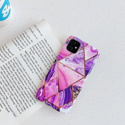 Purple Geometric Marble Case for iPhone 13 12 11 Pro Max XR XS 8 Shockproof Cover Silicone - Aimall