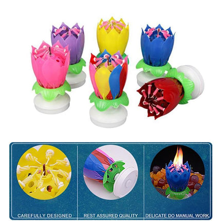 2x Blossom Lotus Birthday Cake Candle Flower Rotating Musical Party Double Deck - Aimall