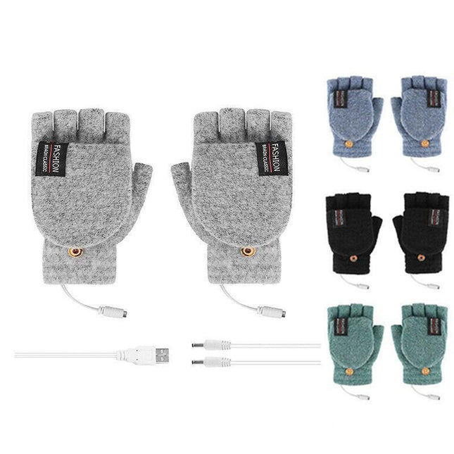 Winter Electric Rechargeable Mitten Heated Gloves Half Finger W/Hat USB Knitted - Aimall