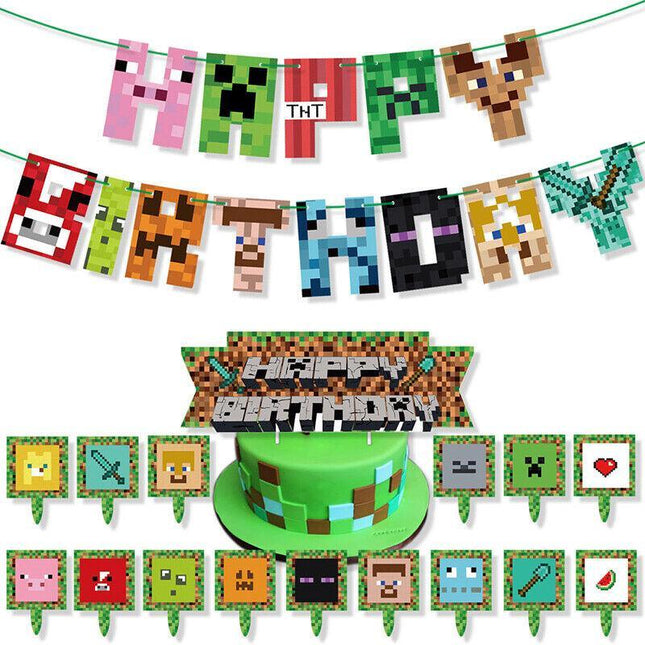 Minecraft Birthday Decorations Pixel Style Gamer Theme Party Supplies -Game Fans - Aimall