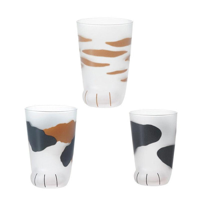 Pair 3 Cat Paw Frosted Calico Cups Glass Milk Cute Gift Tumbler Claw Foot Cute - Aimall