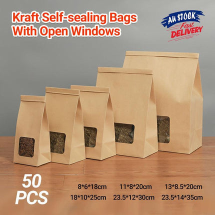 50PCS Kraft Paper Self-sealing Bags Tea Nut Bags Dry Goods Packaging Sealed Bags - Aimall