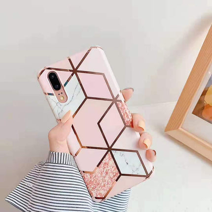 Pink Geometric Marble Case for iPhone 13 12 11 Pro Max XR XS 8 Shockproof Cover Silicone - Aimall