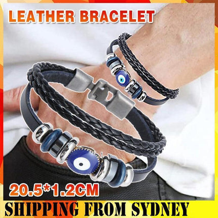 Evil Eye Greek Mati Turkish Nazar Weaved Leather Bracelet Cuff Jewelry - Aimall