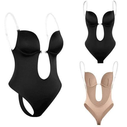 XL Women Deep U Plunge Seamless Push Up Bra Thong Body Shaper Backless Bodysuit - Aimall