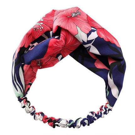 Women Chiffon Floral Print Headband Fashion Bohemian Elastic Cross Hair Bands - Aimall