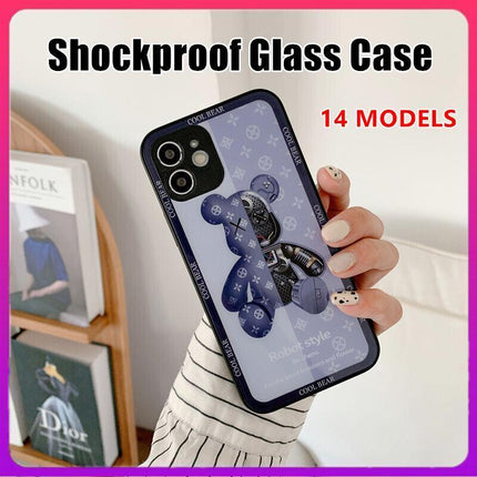 For iPhone 13 Pro Max 12 11XS XR Luxury Cool Bear Shockproof Glass Case Purple - Aimall
