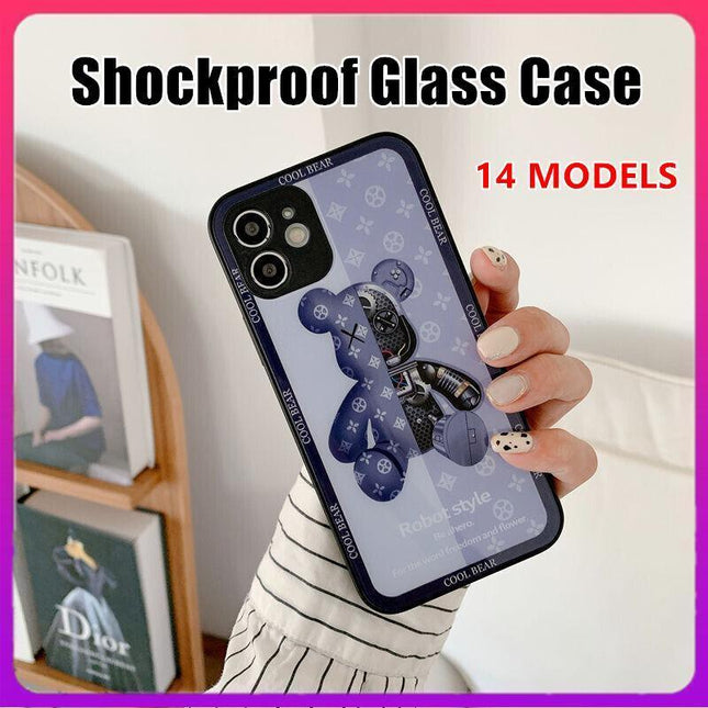 For iPhone 13 Pro Max 12 11XS XR Luxury Cool Bear Shockproof Glass Case Purple - Aimall