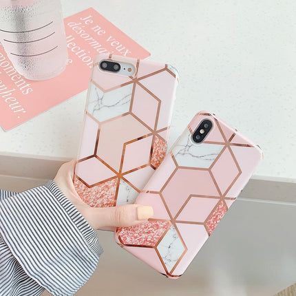 Pink Geometric Marble Case for iPhone 13 12 11 Pro Max XR XS 8 Shockproof Cover Silicone - Aimall