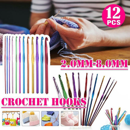 12 Size Multi Coloured Aluminium Crochet Hooks Yarn Knitting Needles 2-8mm Set - Aimall