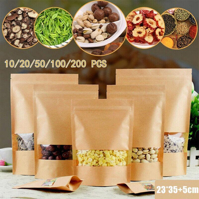 10-200x 23*35+5cm Stand Up Bag Kraft Paper Seal Packaging Window Zip Lock Pouch - Aimall