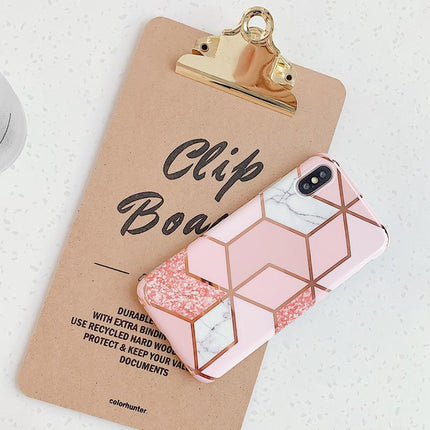 Pink Geometric Marble Case for iPhone 13 12 11 Pro Max XR XS 8 Shockproof Cover Silicone - Aimall