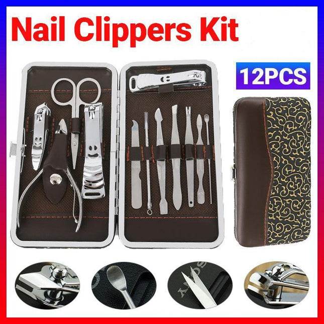 12PCS Set Manicure Pedicure Stainless Nail Clippers Kit Cuticle Grooming Case - Aimall
