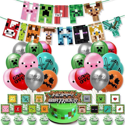 Minecraft Birthday Decorations Pixel Style Gamer Theme Party Supplies -Game Fans - Aimall