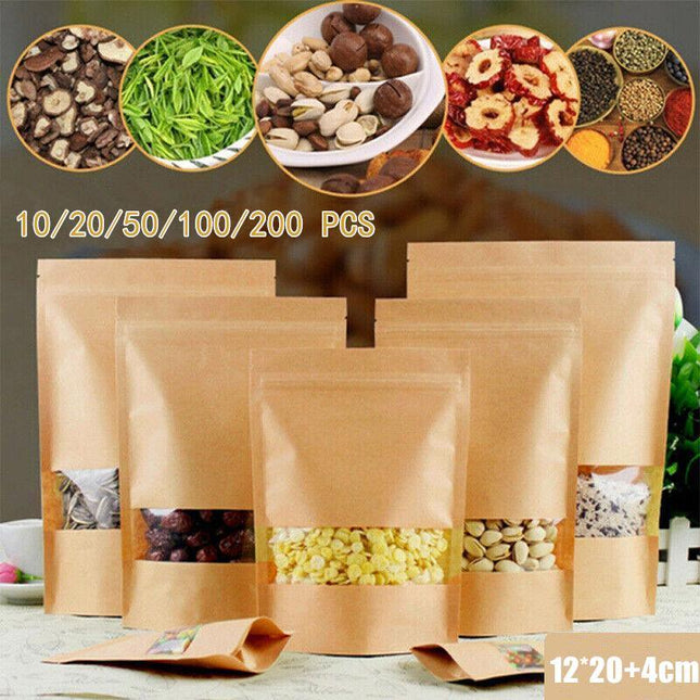 10-200x 12*20+4cm Stand Up Bag Kraft Paper Seal Packaging Window Zip Lock Pouch - Aimall