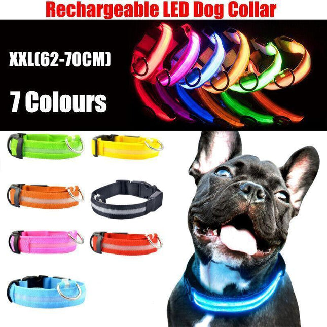 XXL Size USB Rechargeable LED Dog Collar Nylon Glow Flashing Light Up Safety - Aimall