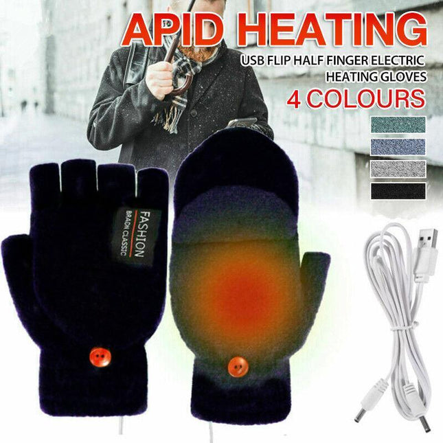 Winter Electric Rechargeable Mitten Heated Gloves Half Finger W/Hat USB Knitted - Aimall