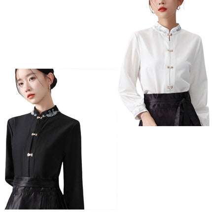 Chinese Style Women Autumn Standing Collar White Shirt Fashion Inner Tops