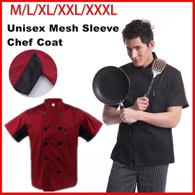 Red Unisex Mesh Sleeve Chef Coat Jacket Restaurant Hotel Cook Short Uniform - Aimall