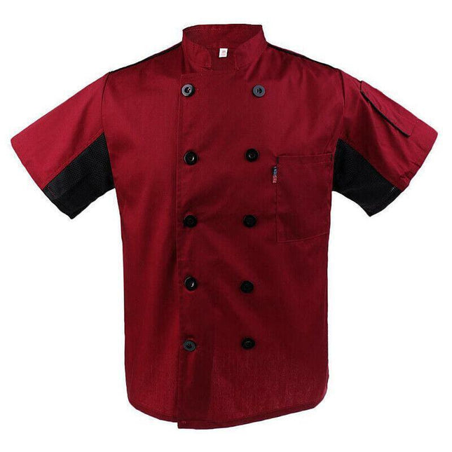 Red Unisex Mesh Sleeve Chef Coat Jacket Restaurant Hotel Cook Short Uniform - Aimall