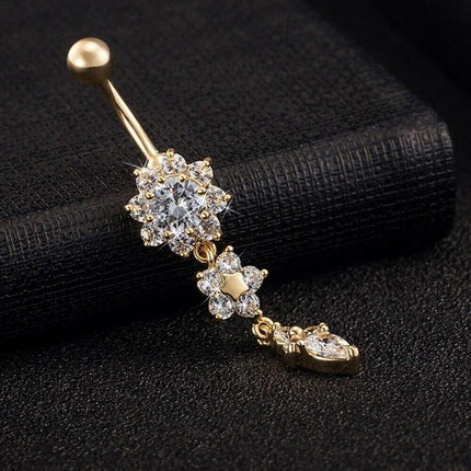 Flower Crystal Surgical Steel Dangle BELLY Button Navel bars Ring Body Piercing - Aimall
