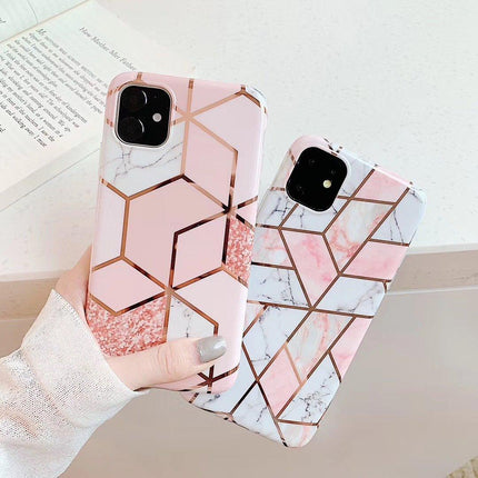 Pink Geometric Marble Case for iPhone 13 12 11 Pro Max XR XS 8 Shockproof Cover Silicone - Aimall