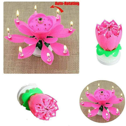 2x Blossom Lotus Birthday Cake Candle Flower Rotating Musical Party Double Deck - Aimall