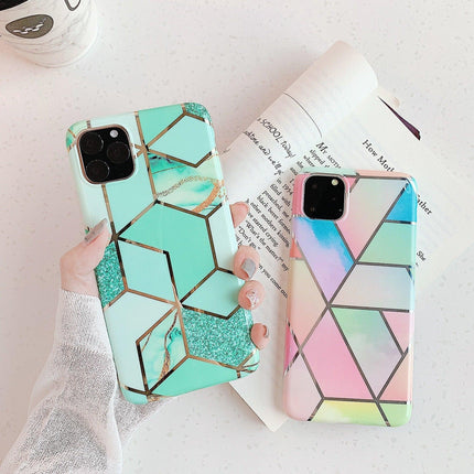 Green Geometric Marble Case for iPhone 13 12 11 Pro Max XR XS 8 Shockproof Cover Silicone - Aimall