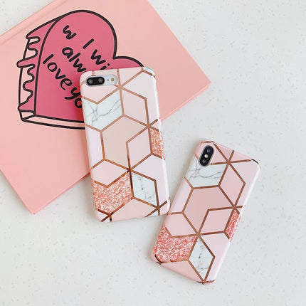 Pink Geometric Marble Case for iPhone 13 12 11 Pro Max XR XS 8 Shockproof Cover Silicone - Aimall