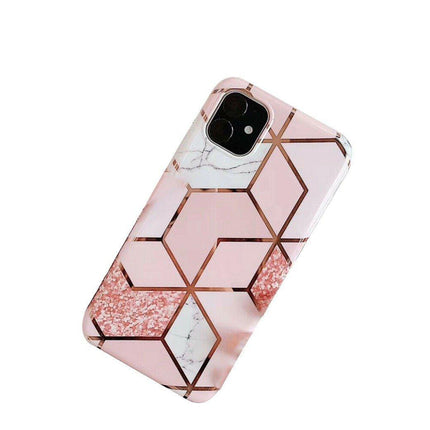 Pink Geometric Marble Case for iPhone 13 12 11 Pro Max XR XS 8 Shockproof Cover Silicone - Aimall