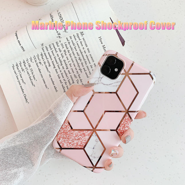 Pink Geometric Marble Case for iPhone 13 12 11 Pro Max XR XS 8 Shockproof Cover Silicone - Aimall