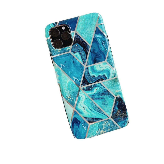 Blue Geometric Marble Case for iPhone 13 12 11 Pro Max XR XS 8 Shockproof Cover Silicone - Aimall