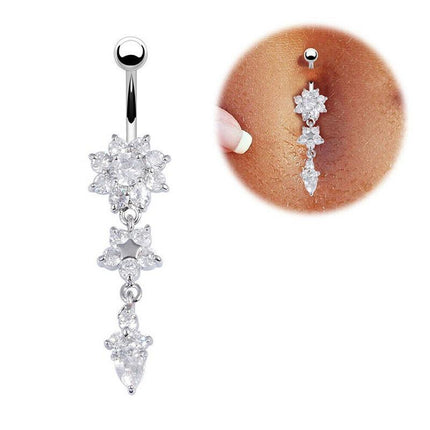 Flower Crystal Surgical Steel Dangle BELLY Button Navel bars Ring Body Piercing - Aimall