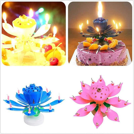 2x Blossom Lotus Birthday Cake Candle Flower Rotating Musical Party Double Deck - Aimall