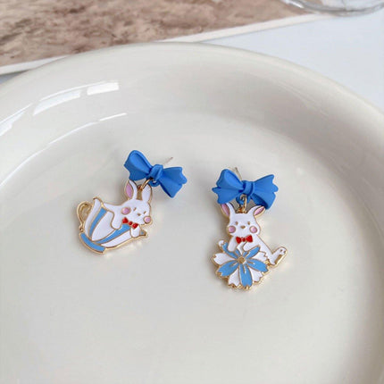 Cartoon Rabbit Earrings with Blue Bow Irregular Shape Cute Fashion Jewelry