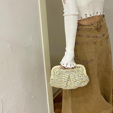 Woven Women Clutch Purse Dumpling Straw Tote Bag Shoulder Straw Crossbody Bag