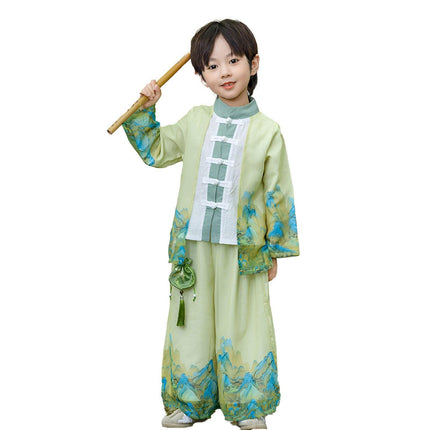 Boys Landscape Painting Performance Costume Chinese Style Traditional Green Set