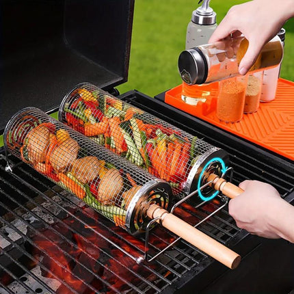 2PCS Rolling BBQ Cage Rotisserie Basket Tube Grill BBQ Cooking Accessories